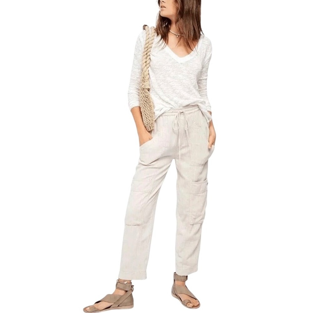 Free People Beige Linen Cotton Herringbone Cargo Pants Women's Size S